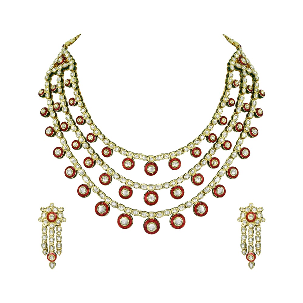 Layered Polki Necklace Set with Red Enamel and Circular Motifs